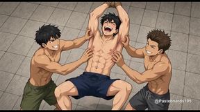 Strung Up By The Wrists II - Bare Hands On A Bound Muscle Jock's Armpits And Ribs (2D Anime Bara)