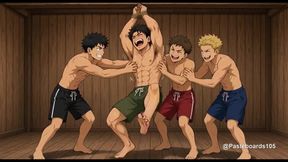Strung Up By The Wrists II - Bare Hands On A Bound Muscle Jock's Armpits And Ribs (2D Anime Bara)