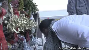 Busty blonde MILF gets picked up and double-teamed by two dudes in a hot 3some