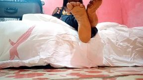 Holy Church Girl Fare Angle’s Wrinkled Soles Crossed at Ankles On Bed & Side by Side