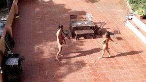 Public Courtyard Blowjob and Fucking with a Hot Brunette Amateur Couple