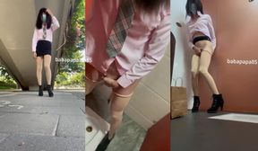 Pink Sissy Boot Slut Hikes Skirt Gushes Cum Tsunami on Squat Toilet Floor