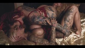 two tattooed bisexual girls having a blast with bbc strapon