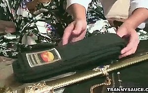 Hot brunette shemale babe sucks and tugs a intense cock