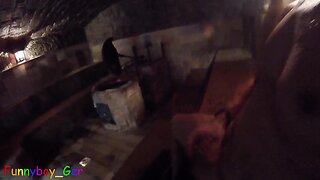 Spontaneous public steam room masturbation with close call cumshot