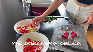 We cook together and he takes me on the kitchen bar