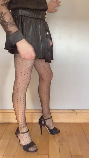 Dotted nylon stockings and short dress