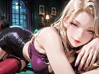 Golden-haired Bombshell in Purple Underware Shiny Ebony Petticoat Red Nylons High Heels