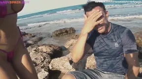 Brianna and Marco Banderas enjoy some public beach fun with multiple