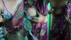 indian trans woman gaurisissy showing her full body and pressing and playing with her big boobs in pink saree