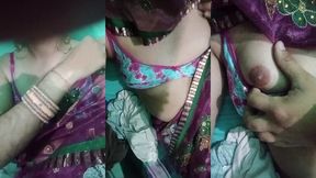 indian trans woman gaurisissy showing her full body and pressing and playing with her big boobs in pink saree