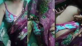 indian trans woman gaurisissy showing her full body and pressing and playing with her big boobs in pink saree
