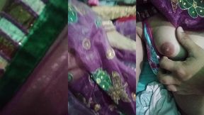 indian trans woman gaurisissy showing her full body and pressing and playing with her big boobs in pink saree