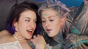 Cute Girls in Lingerie get rough fucked by 2 heavily tattooed guys - BJ, 4some, Orgy and big cumshot