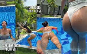 Outdoor Yoga Tree Pose & Tease in See-through Bodysuit in the Pool