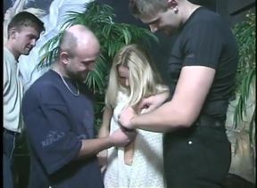 Luxurious Blonde Whore Is Serving Five Men Outdoor Against the Stone Wall