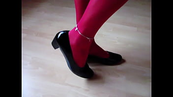 red hose and black patent pumps shoeplay and dangling by Isabelle-Sandrine