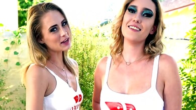 Tattooed brunettes Kyler Quinn and Katie Kinz invite a man into their fiery bisexual threesome