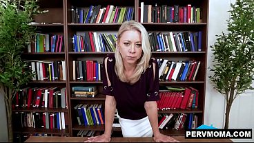 Stepmom Katie Morgan gives a deepthroat blowjob to stepson under the desk