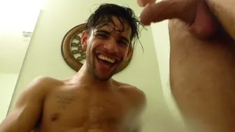 Twink Takes Interracial Bareback Cock in Steamy Bathroom