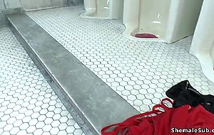 Busty ts anal fucks man in restroom