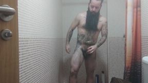 Solo masculine. Bearded & inked hairy man in the douche