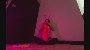 Popping shaped balloons on a bunny suit