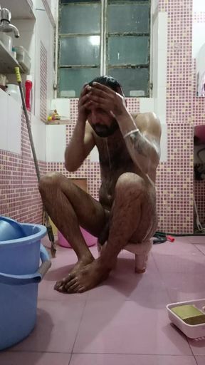 Self Body Massage with Morning Bath Enjoy Indian Man