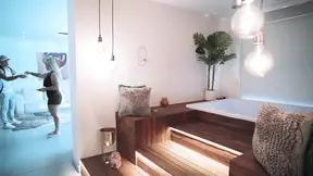 Naughty Colombian milf shows off her big tits and curves to the sauna tech