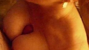 Big pink boobies of my wife getting sprayed after each titjob