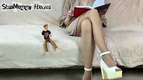 POV Stepmommy Teaches language lessons to little stepSon Tony - Pantyhose Footjobs, Cum on Nylon, Shoe Heel Ankle strap, French manicure, Humiliation small Penis, Worships legs, Ruined Orgasms, Red Toes nails, Femdom, Toejobs, Short Cotton robe 4k