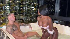 Ebony angel gets her pussy pounded by a guy's bwc in a hot bathtub