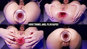 HUGE TUNNEL ANAL PLUG GAPES PROLAPSE AND ORGASM close up hardcore delights with big transparent plug, doggystyle and farts ILS108