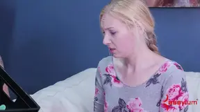 Cute blonde gagging on strap-on during trio sex