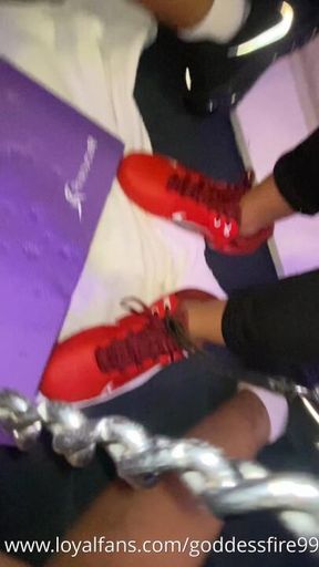 Yoga mat CBT with red Nike metal cleats - part 2 (closeup POV view)