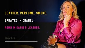 ASMR – No Talking, Just Smoking 120s & Applying Chanel Perfume to My Body on the Sofa – Leather Thigh Highs, Mini Skirt & Pink Satin Blouse – Pure Sensory Experience - Miss Lulu Leather - MP4 HD