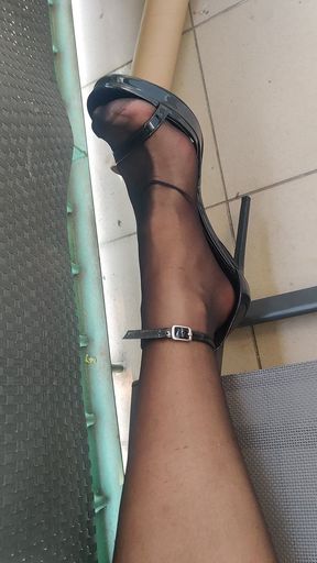 Masturbation on balcony and cum inside stockings