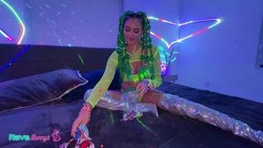 armani black slips away from the rave floor for a fast neon quickie!