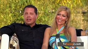 Swinger couple talked about their sexual fantasies during a hot pool party.