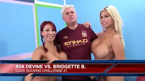 Busty pornstars Bridgette B and Ava Devine in cock sucking foursome