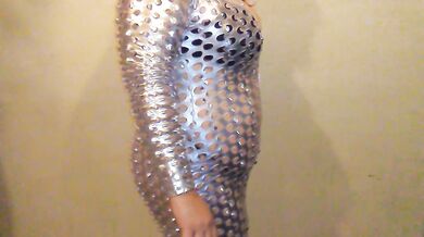 Shiny Catsuit Belly Puffed Up with Air Pump