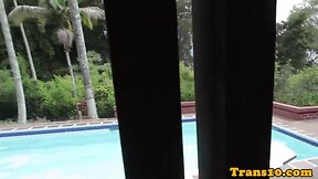 TGirl Tease: Brazilian in Bikini & Heels Shows Big Tits, Booty & Tattoos