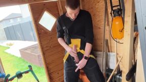 Horny Gardener Jerks Huge Cock to Gushing Cumshot Public Shed Blast