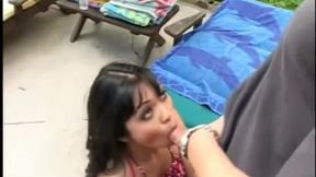 Balden stud fucks Asian beauty hard on a lawn chair