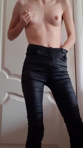 Skinny Girl Masturbates in Leather Pants