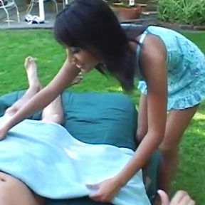 A Skinny Asian Outdoors Gives a Guy a Blowjob Before Riding His Big Cock