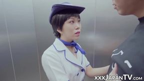 Uniformed Joanne jerks cock before getting banged in the elevator
