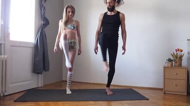 Workout yoga exercise together for the first time