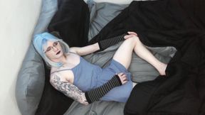 blue hair goth femboy late night jerk off - blue romper foot cumshot