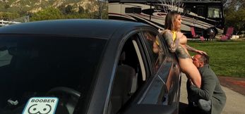 Karma RX watches as grey haired man pounds her